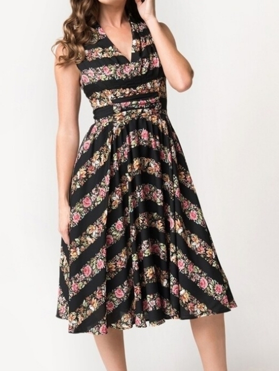 Unique vintage Floral Stripe Sleeveless Midi Dress in Black and Pink - Picture 3 of 15